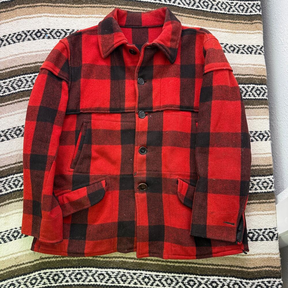 Vintage 1940's Chippewa Woolen Mills Buffalo Plaid Wool Mackinaw Jacket Sz Large